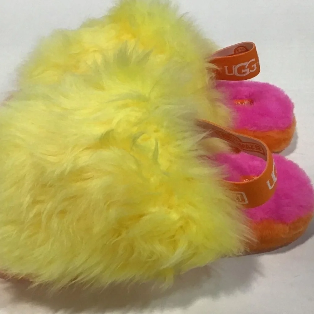 NEW!! Big Girls UGG x Sesame Street Big Bird Fluff Yeah Yellow/Pink Slippers 5